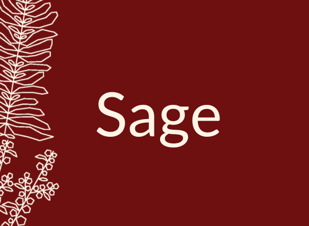 A maroon background with an icon of sage leaves.