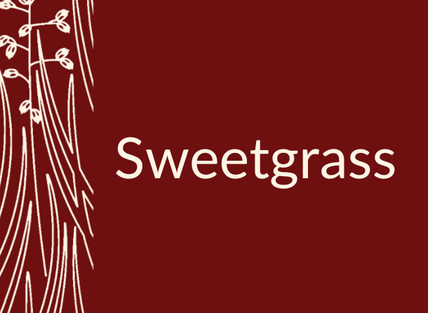 A maroon background with an icon of blades of sweetgrass.